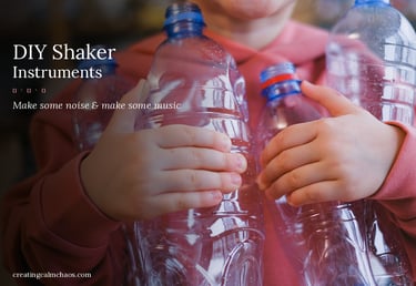 A child holding recycled plastic bottles to create DIY shaker instruments for making music.