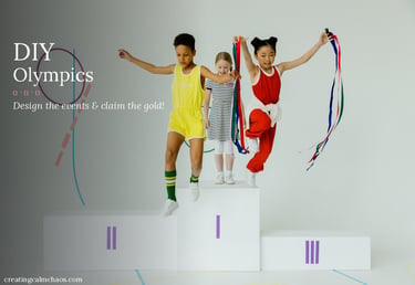 Diverse children jumping on a DIY Olympics podium holding colorful ribbons for a kids backyard sports event.