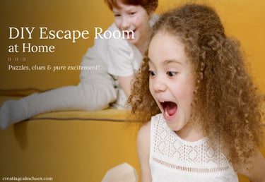 Excited children playing a DIY escape room at home with puzzles and clues.