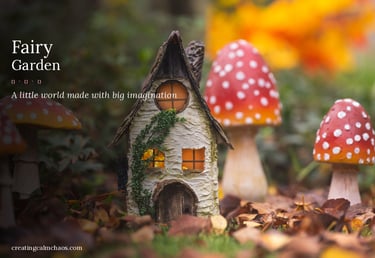 Miniature fairy garden house with glowing windows and red polka dot mushrooms among autumn leaves.
