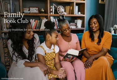 A multi-generational Black family reading together for a family book club on a blue sofa.