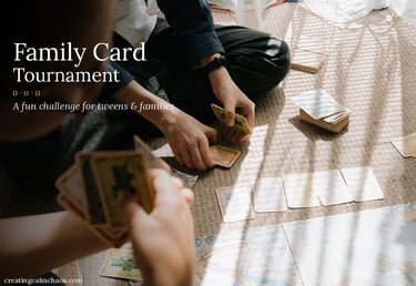 Tweens playing a family card tournament game on a carpeted floor with board game cards.