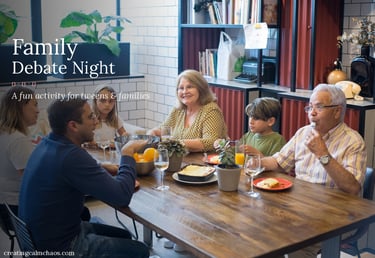 Multi-generational family enjoying a debate night and dinner activity at a wooden dining table.