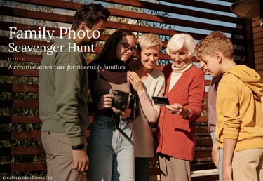 A multi-generational family enjoys a creative photo scavenger hunt outdoors while holding a vintage camera.