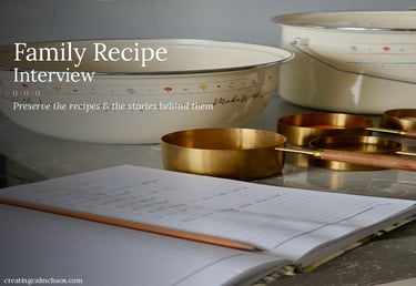 Vintage mixing bowls, gold measuring cups, and a handwritten notebook for preserving family recipes.
