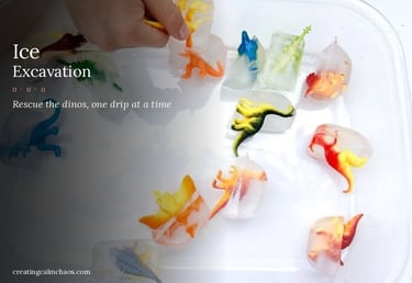 A child performs a dinosaur ice excavation sensory play activity with toy dinosaurs frozen in ice cubes.