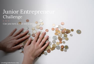 Hands gathering a pile of coins for a junior entrepreneur money challenge to teach kids financial literacy.