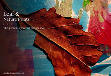 A brown dried leaf rests on a colorful painted background for a nature prints art project.