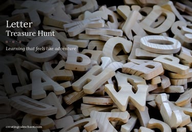 A pile of natural wooden alphabet letters for a children's letter treasure hunt learning activity.