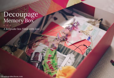 A personalized decoupage memory box filled with sentimental keepsakes, photos, and dried flowers.