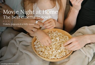 Family sharing a large bowl of popcorn during a cozy movie night at home on the sofa.