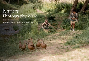 Young children exploring a nature photography walk trail to observe ducks with binoculars.