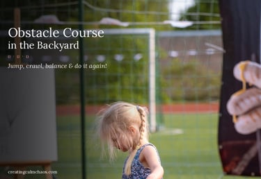 Young girl participating in a backyard obstacle course on a sunny day.