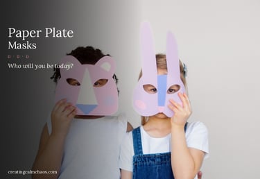 Two young children holding handmade colorful paper plate animal masks over their faces for a DIY craft.