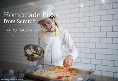 A young girl in a chef hat adding fresh vegetable toppings to a homemade pizza from scratch.
