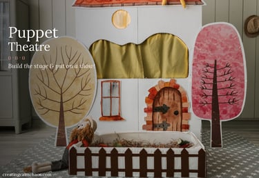 DIY cardboard puppet theatre stage with hand-painted trees and a small doll for a kids' puppet show.