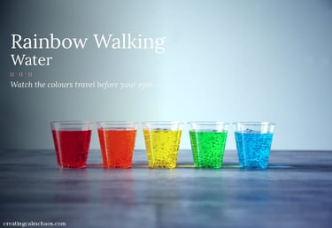 A row of cups with colorful liquids for a rainbow walking water science experiment.