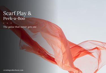 A light orange play scarf floating in the air for baby peek-a-boo games and sensory play.