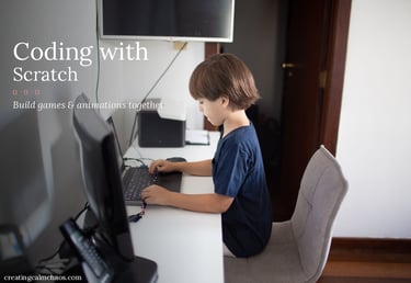 Young boy coding on a laptop with Scratch, building games and animations for kids' programming education.