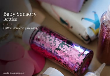 Handmade baby sensory bottles filled with pink glitter and sequins for visual stimulation and calm.
