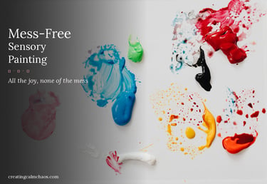 Mess-free sensory painting activity featuring colorful splashes of red, blue, and yellow paint on a white surface.