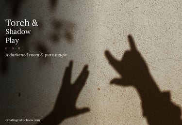 Hand shadow puppets cast on a textured wall during creative torch and shadow play in a dark room.