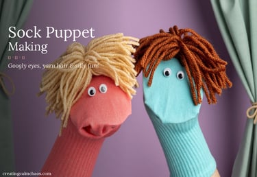 Two handmade sock puppets with yarn hair and googly eyes for a DIY craft project.