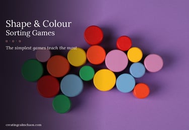 Colorful wooden circles for shape and color sorting games on a purple background.