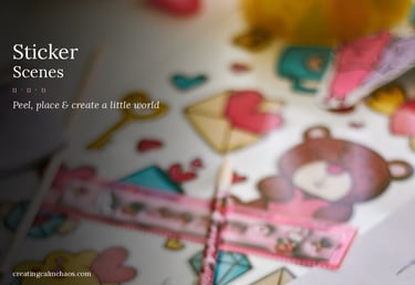 A collection of colorful heart and teddy bear sticker scenes with craft supplies for creative play.