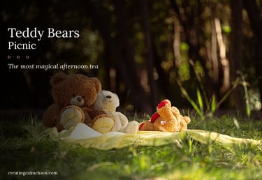 Plush teddy bears sitting on a yellow blanket for a magical picnic in a sunny forest clearing.