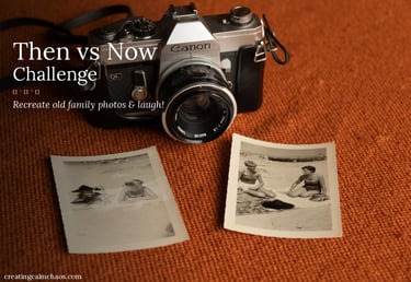 Vintage Canon film camera next to old family beach photos for a Then vs Now challenge.