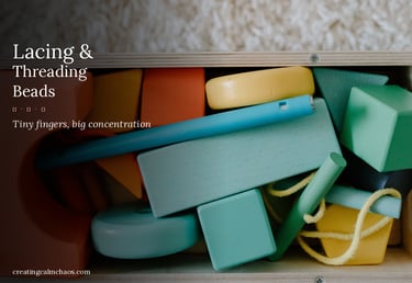 Colorful wooden lacing and threading beads in a storage box for fine motor skills development.