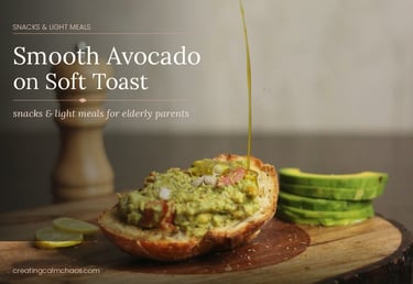 Smooth mashed avocado on soft toast being drizzled with olive oil, a healthy light meal for elderly parents.