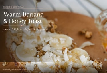 Warm banana and honey toast topped with coconut flakes and walnuts, a healthy snack for elderly parents.