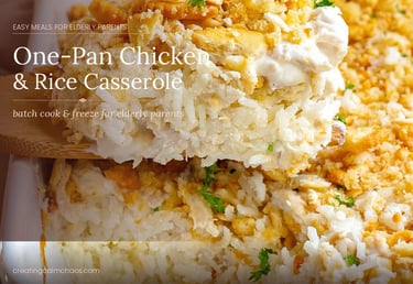 A creamy one-pan chicken and rice casserole with a golden cracker topping served in a white baking dish.