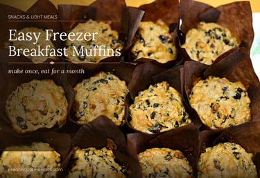 Freshly baked easy freezer breakfast muffins with raisins in brown tulip paper liners.