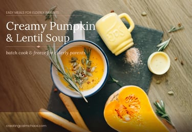 Creamy pumpkin and lentil soup in a bowl, a healthy meal for elderly parents.