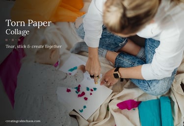 A mother and toddler making a torn paper collage craft together at home.