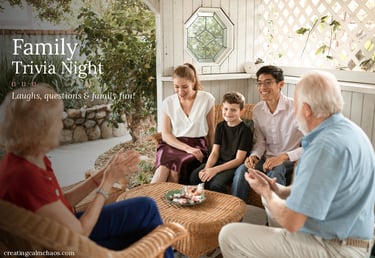A multi-generational family sitting on a patio enjoying a fun trivia night game together.