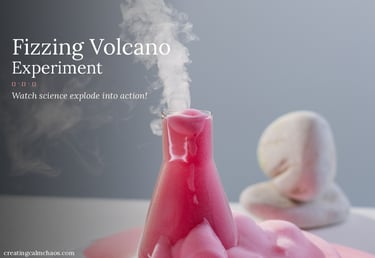 A fizzing volcano experiment with pink foam overflowing from a science beaker and white smoke rising.