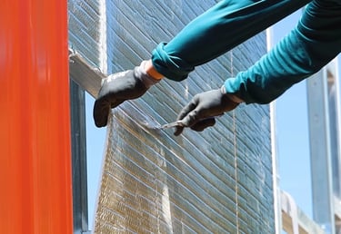 Person installing insulation on metal building
