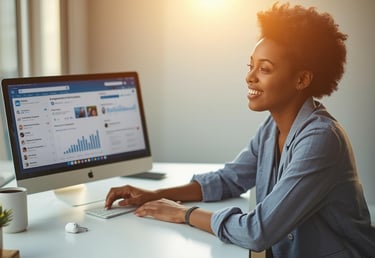 Professional working on LinkedIn content strategy at modern home office desk
