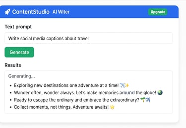  A graphic showing the ContentStudio AI Writer interface with example captions being generated