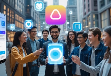 a group of people standing in a futuristic world with apps displayed over their heads