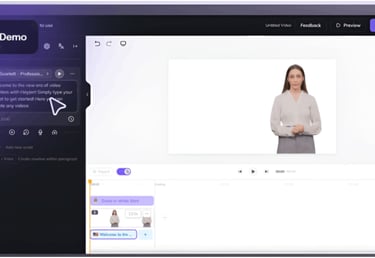 a woman in a white shirt and a white shirt standing in HeyGen Video demo dashboard