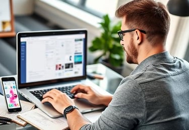 Man working on a no-code app on a laptop.