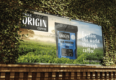 Creative coffee brand billboard showcasing premium Single Origin Coffee packaging.