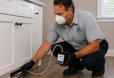 Professional mold inspector using a Zefon Bio-Pump for indoor air quality testing under kitchen cabinets.