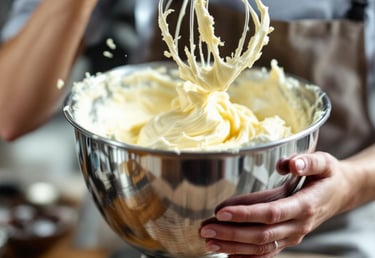 a person holding a large metal bowl with whipped butter