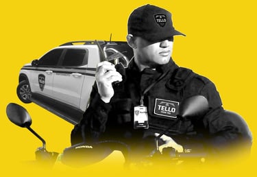 Agente de segurança montado em motocicleta, usando rádio à frente de viatura